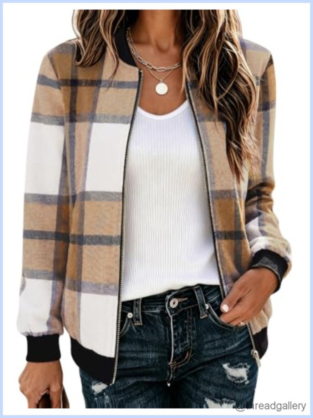 Women's Plaid Flannel Bomber Jacket Lightweight Zip Up Coat
